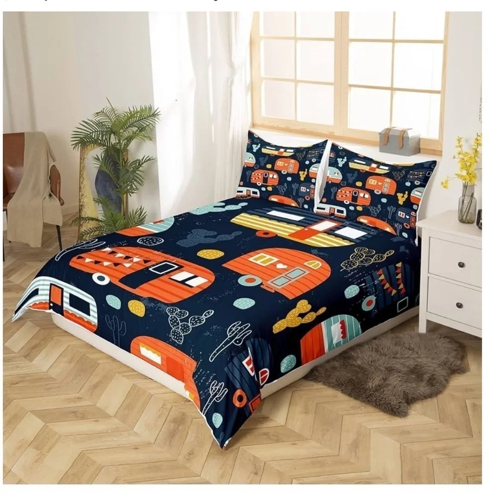 Erosebridal Happy Camper Decor Duvet Cover 3-Piece Bedding Set Full Size NEW